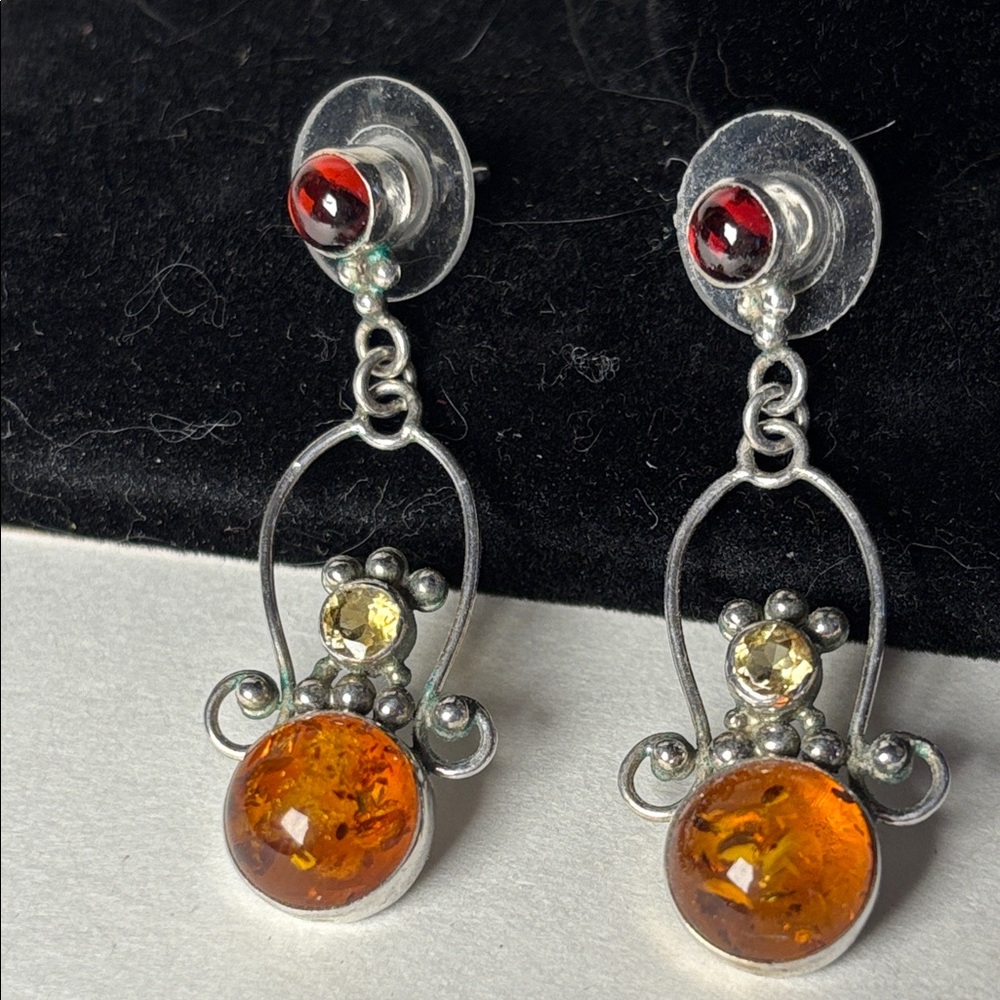 Vintage Orange Amber Drop Earrings with Red Accent